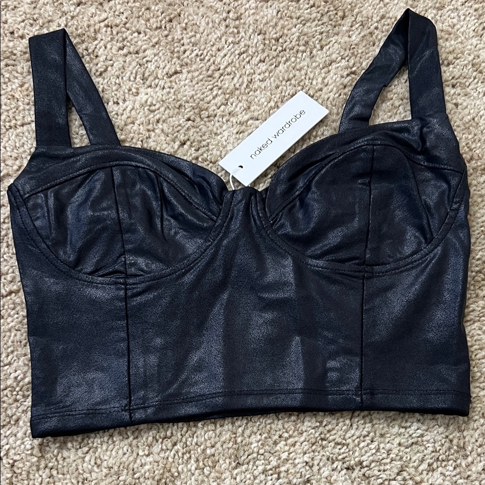 naked wardrobe Black Faux Leather Bustier Crop Top